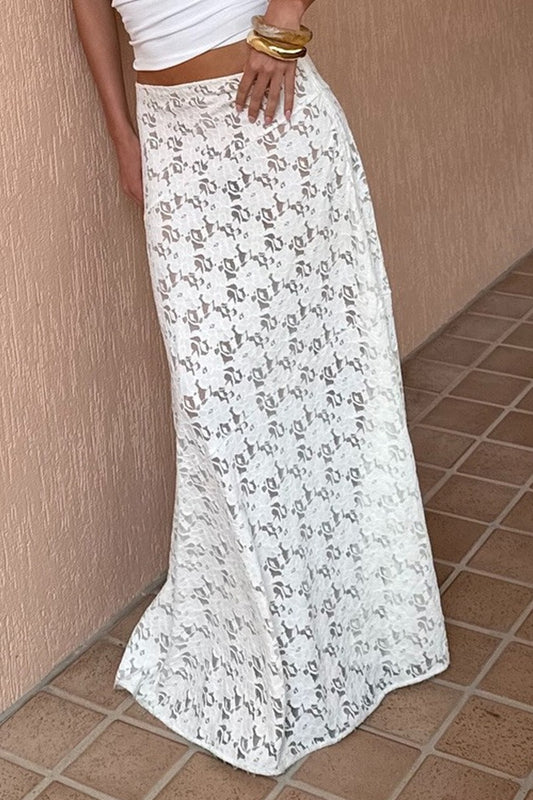 Vintage Lace Jacquard Sheer Low Waist Maxi Skirt