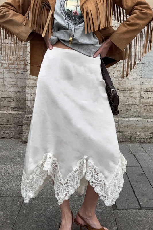 Lace-Trim Satin A-Line Midi Skirt