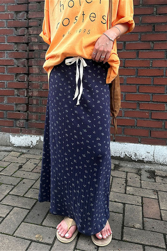 Jupe décontractée bleu marine à imprimé floral et cordon de serrage