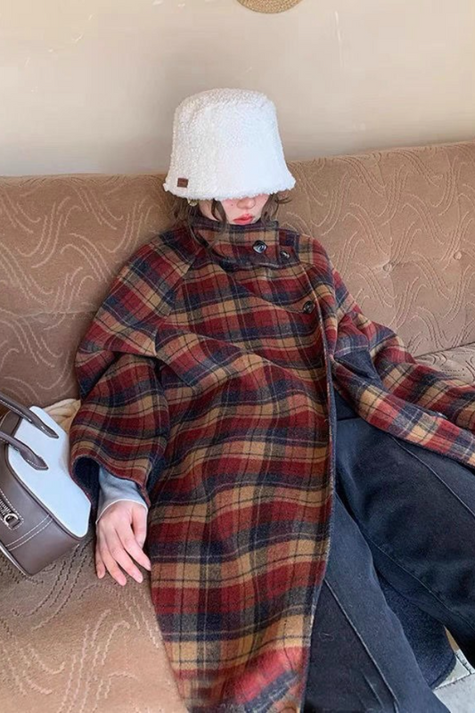 Plaid Wool Blend Stand Collar Mid-Length Outerwear