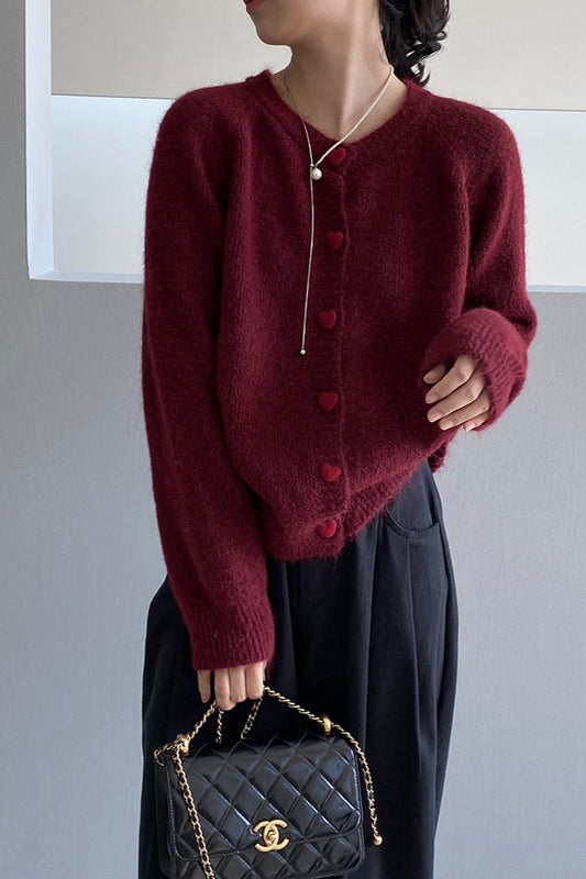 Oversized Heart Button Round Neck Cardigan