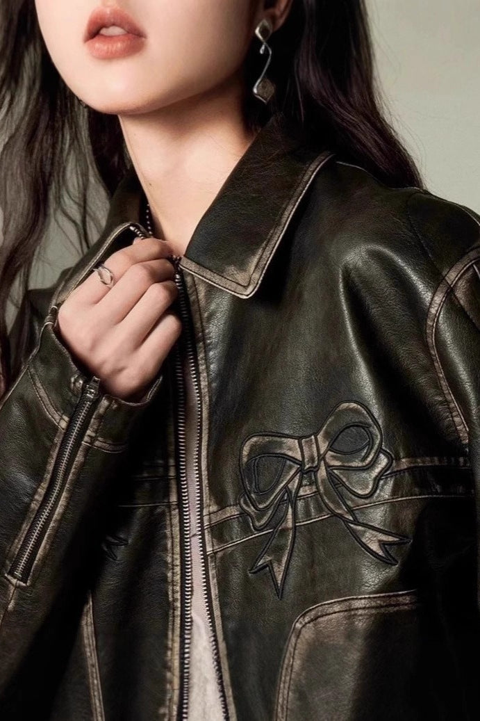 Bow Decor Faux Leather Moto Jacket