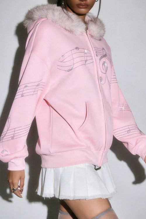 Faux Fur Rhinestone Zip Hoodie