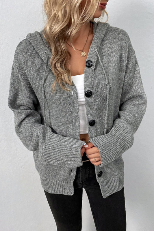 Hooded Drawstring Button Front Knit Cardigan