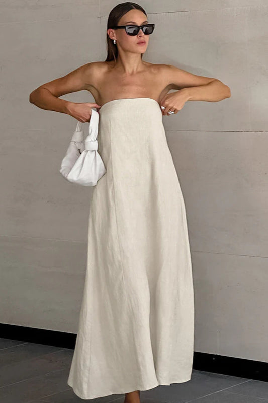 Robe longue dos nu sans bretelles en coton et lin kaki