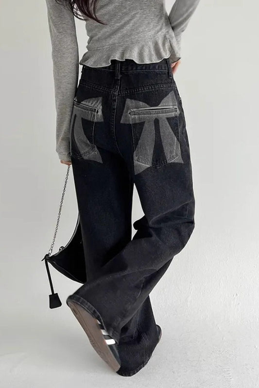 Washed Bow Print Pocket Wide Leg Jeans