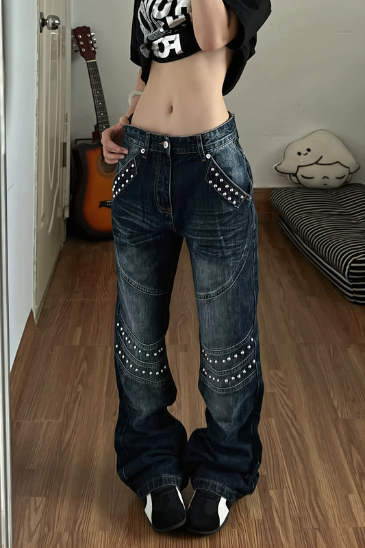 Studded Panel Barrel Leg Jeans