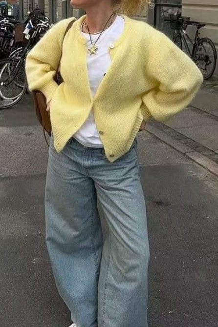 Candy Color Crew Neck Button Knit Cardigan