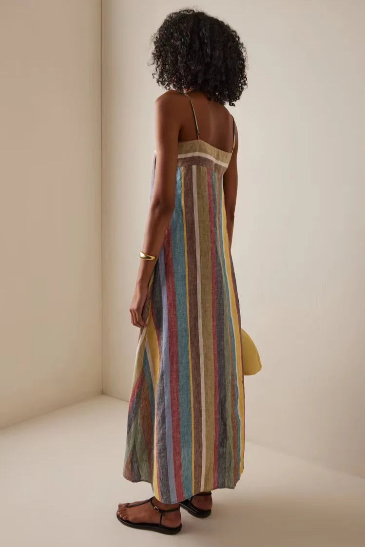 Striped Printed Strap Boho Dress Grey / S