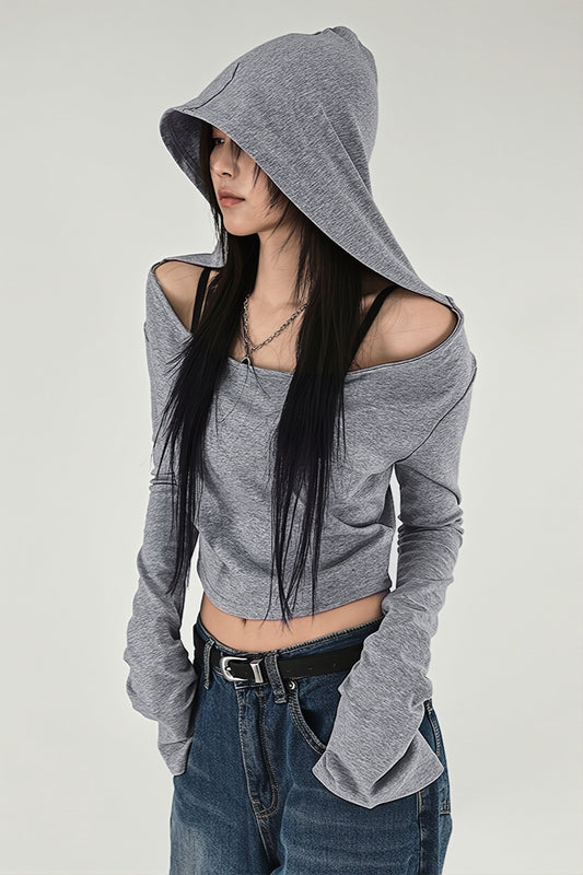 Hooded Off Shoulder Cropped Blouse