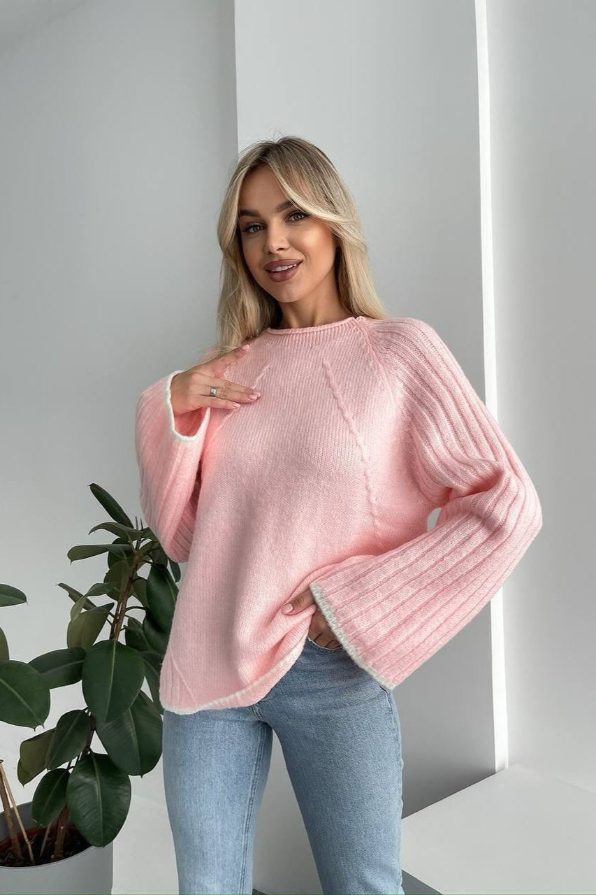 rewneck Ribbed Base Bell Sleeve Loose Sweater