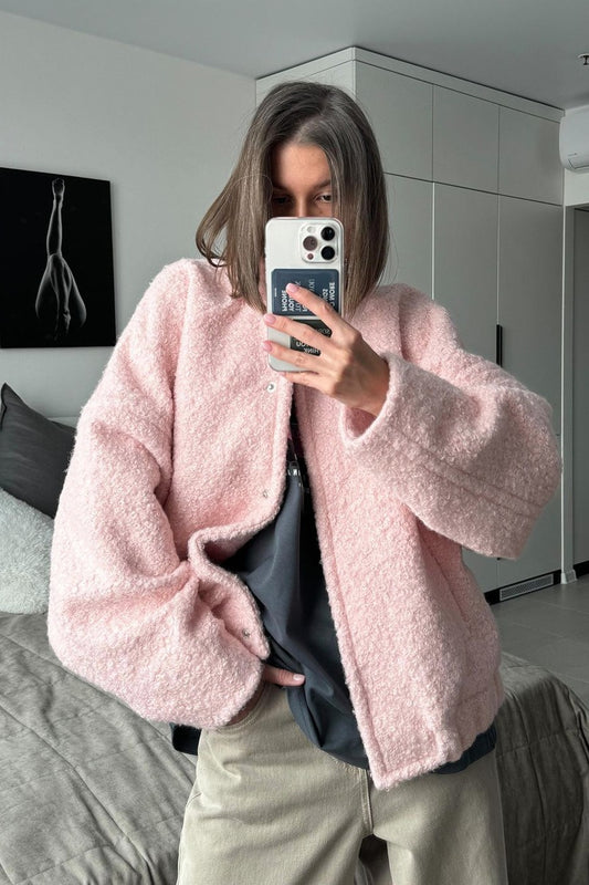 Fuzzy Stand Collar Cropped Bomber Jacket