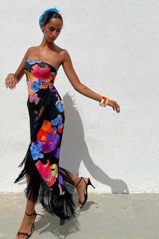 Robe longue de vacances élégante sans bretelles à imprimé floral