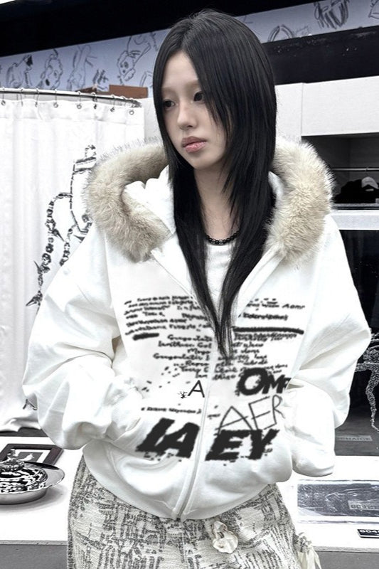 Faux Fur Graffiti Zip Hoodie