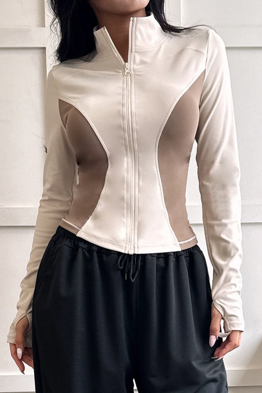 Stand Collar Zip Cardigan Slim Color Block Pilates Running Jacket