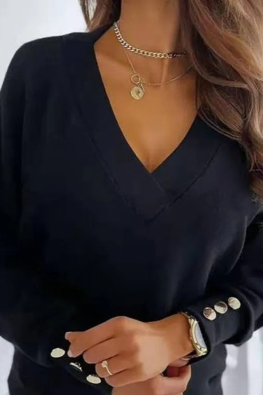 V Neck Button Knit Pullover Sweater Black / S