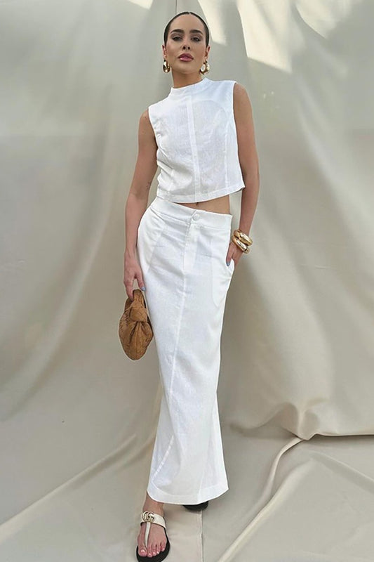 Simple Linen Cotton Sleeveless Slit Skirt Set