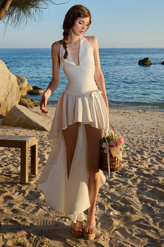 Robe longue taille haute à dos nu et col licou