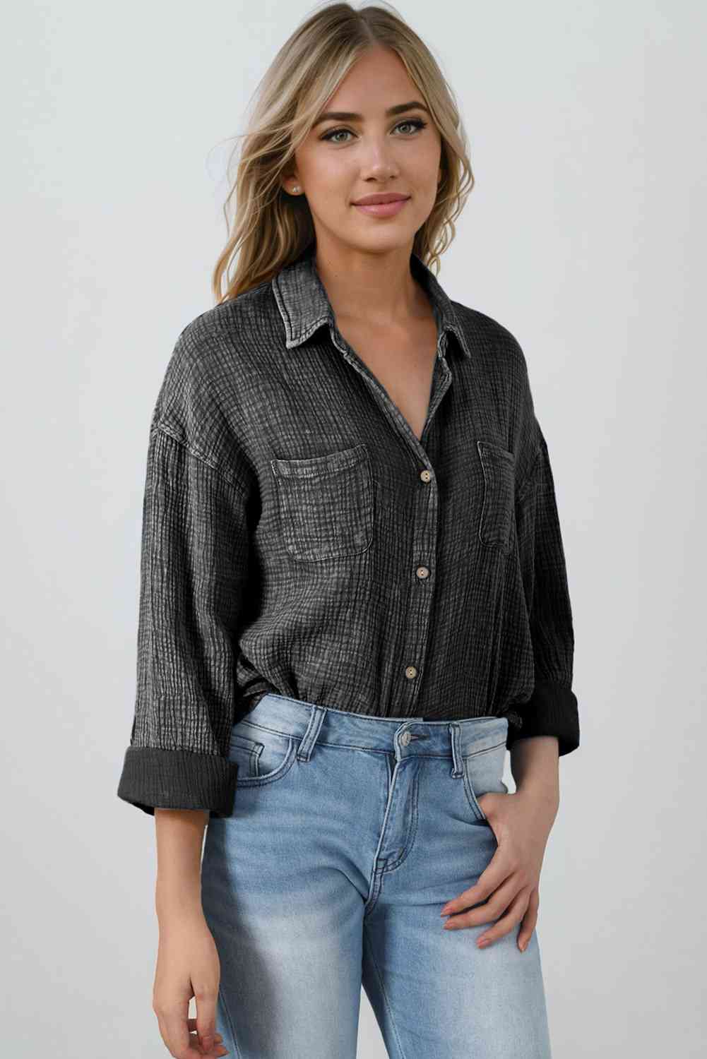 Blouse Textured With Buttons Clothes