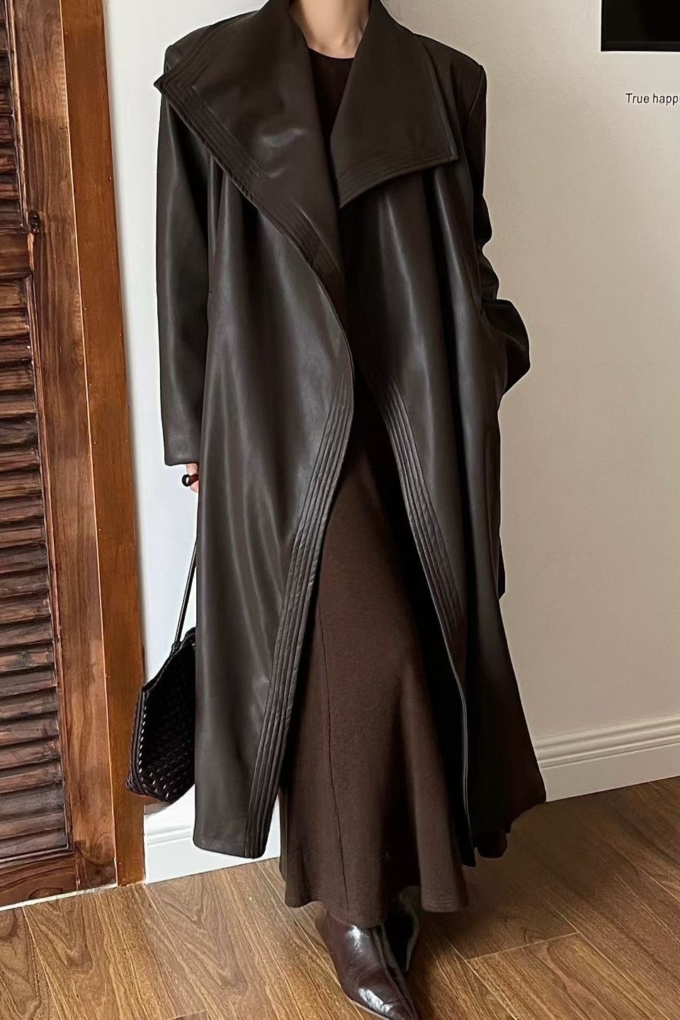 Vintage Broad Lapel Waist-Tied Leather Overcoat Dark brown / M