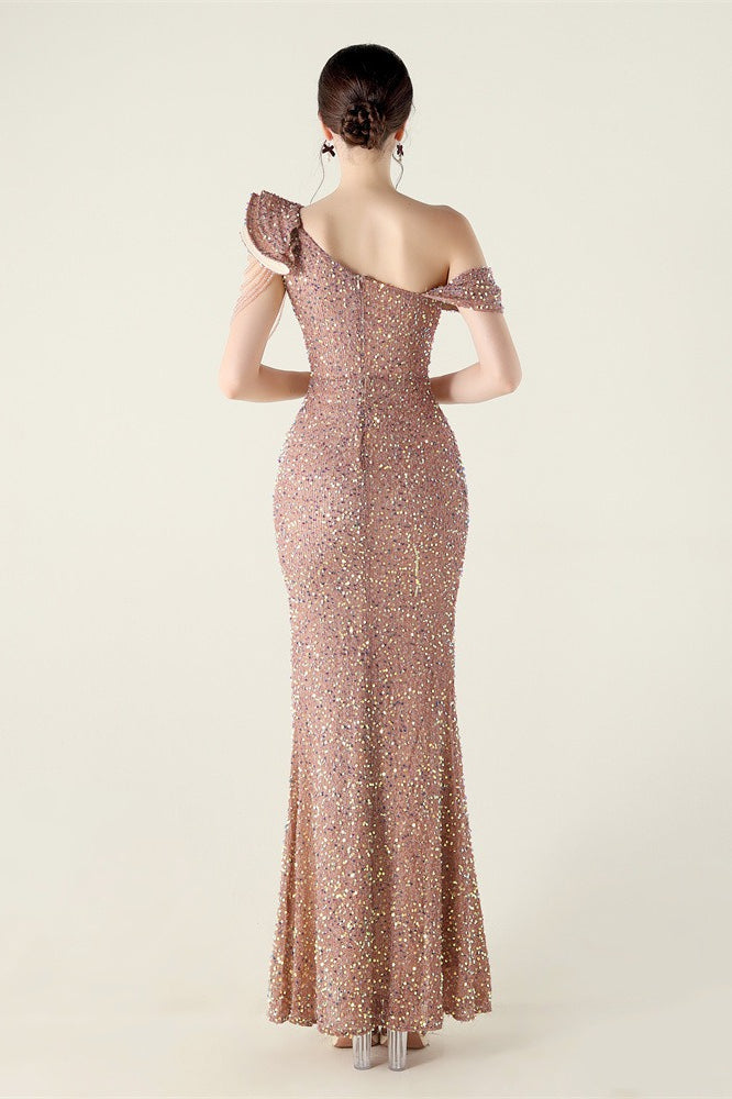 Draped One Shoulder Ruffle Formal Dress