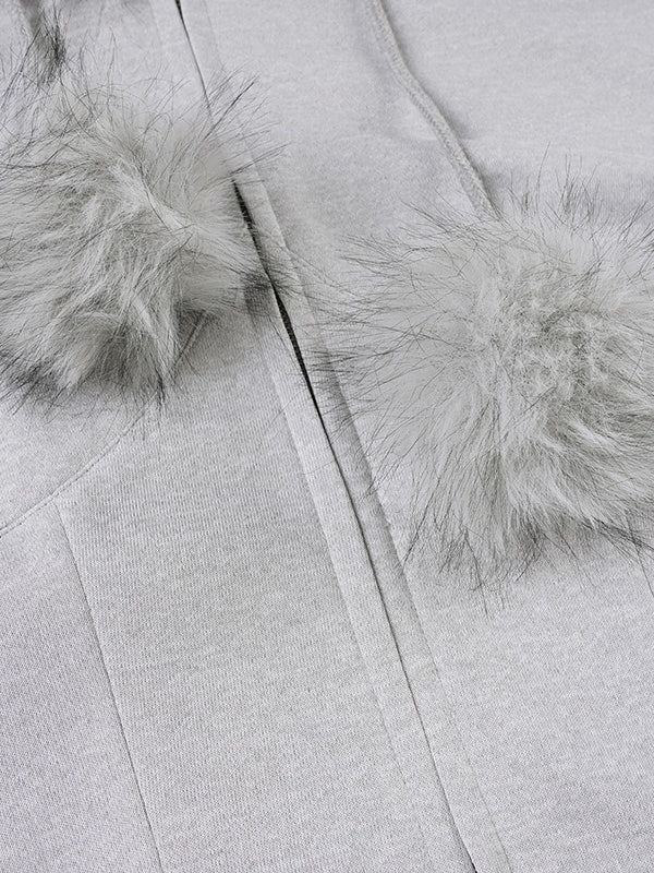 Fuzzy Collar Long Sleeve Cropped Waist-Tied Hoodie