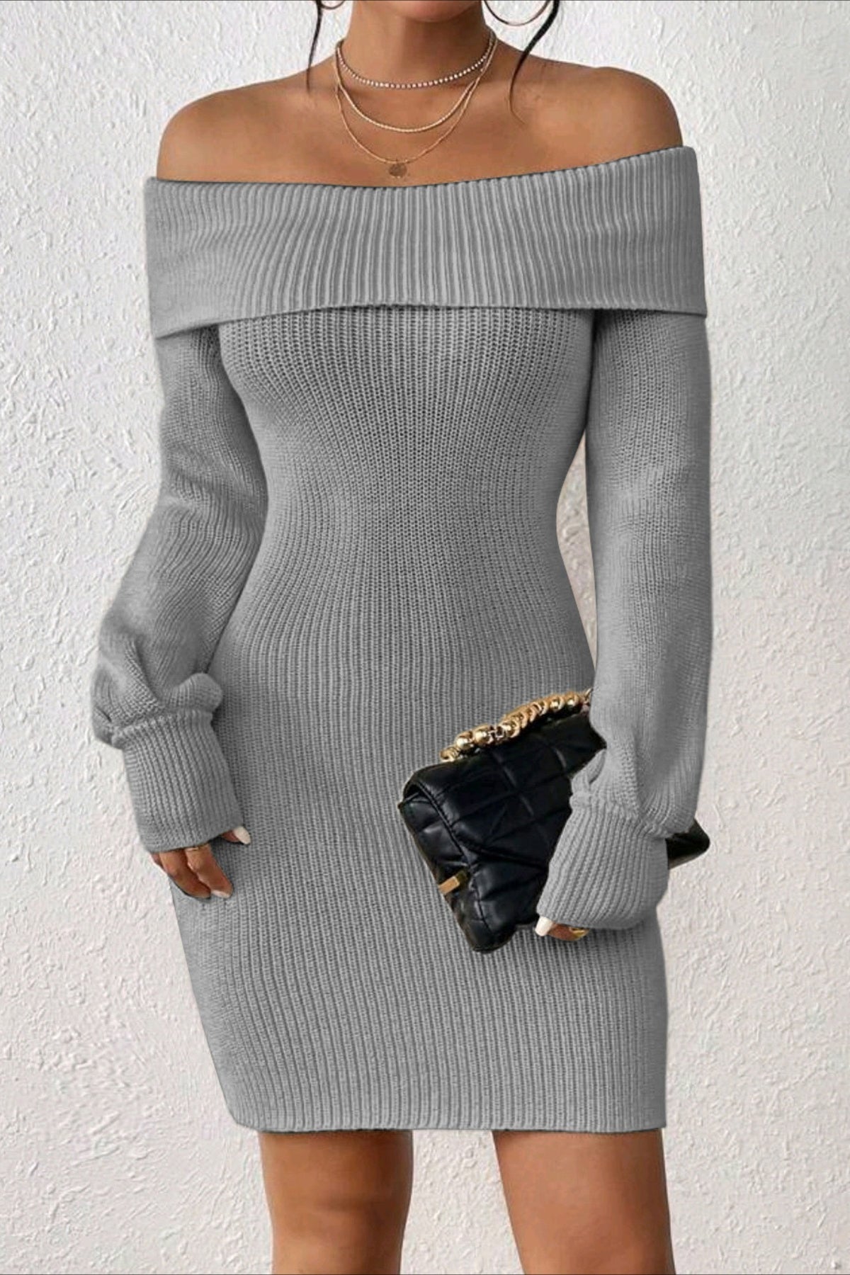 Long Sleeve Off Shoulder Slim Fit Knit Sweater Dress S / Grey