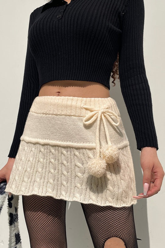 Cable Knit Pom Pom Trim Skirt