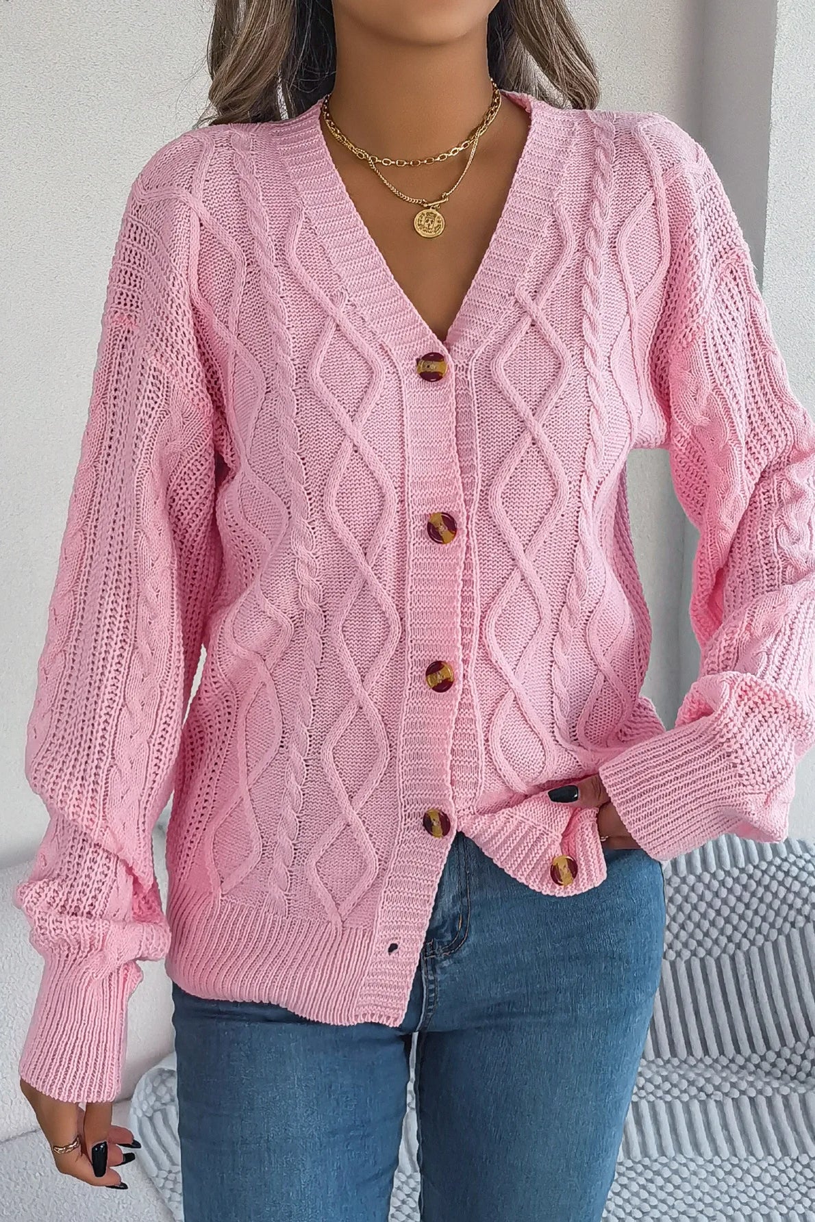 Knitted Long Sleeve Loose Single Breasted Cardigan Pink / S