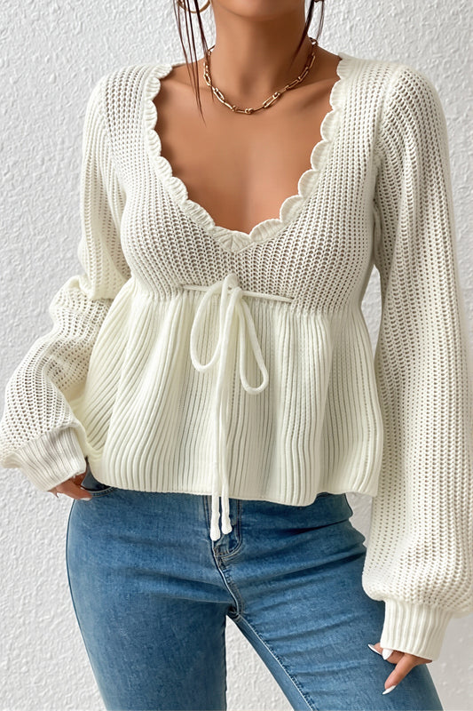 Drawstring Peplum V Neck Sweater