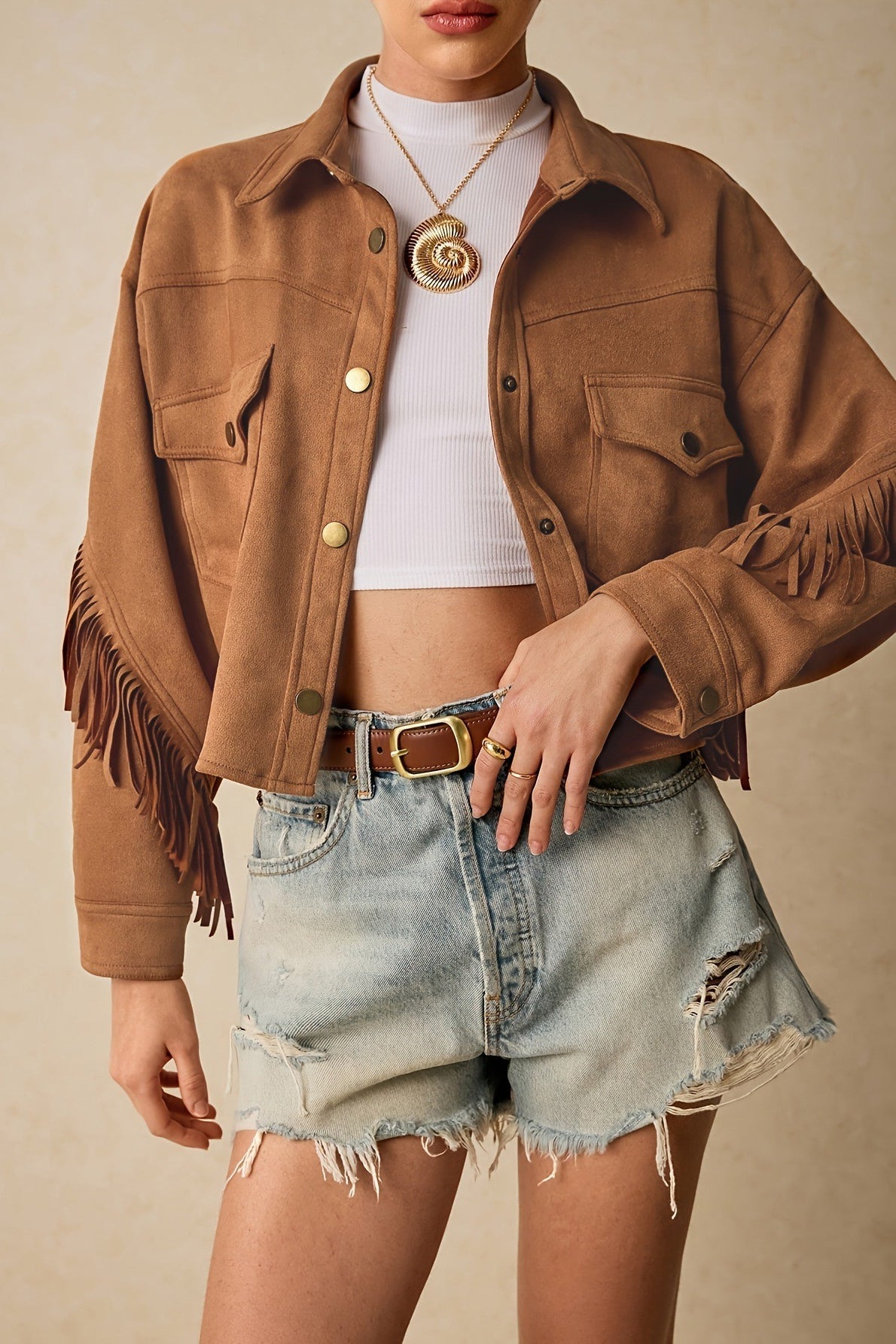 Fringe Trim Drop Shoulder Casual Jacket Brown / S