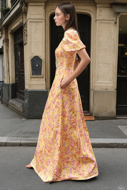 Robe longue à imprimé floral, col carré, manches bouffantes et lien à nouer