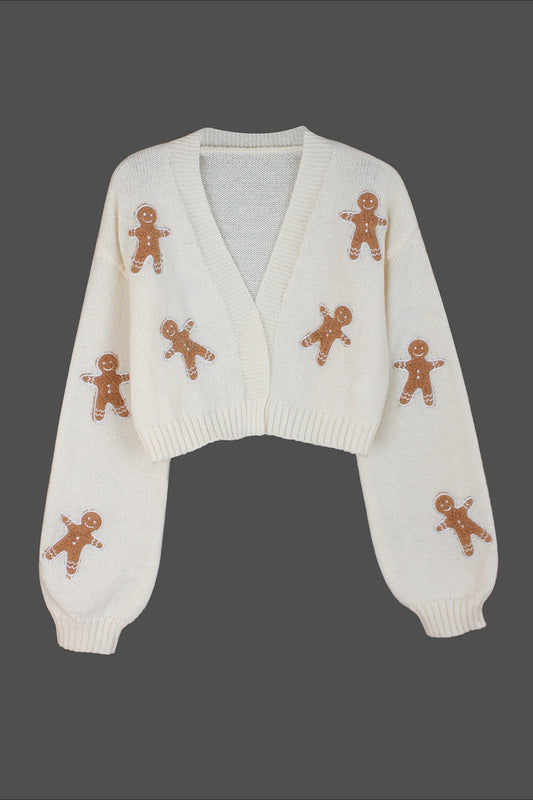 Festive Gingerbread Pattern Knit Cardigan