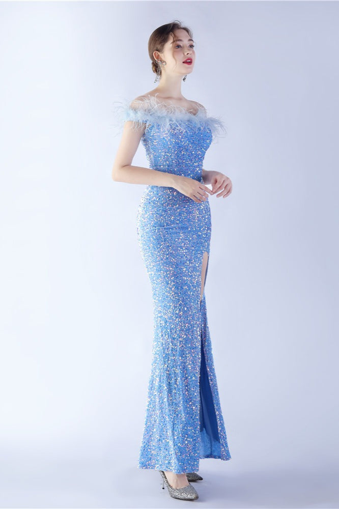 Velvet Sequin Ostrich Feather Off Shoulder Formal Dress