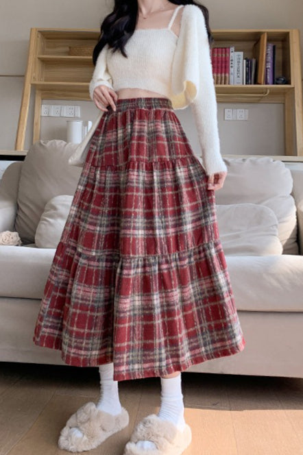 Wool Blend Tiered Plaid Skirt