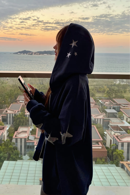 Rhinestone Star Oversized Zip Hoodie