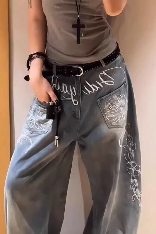 Y2K Floral Letter Embroidery Wide Leg Jeans