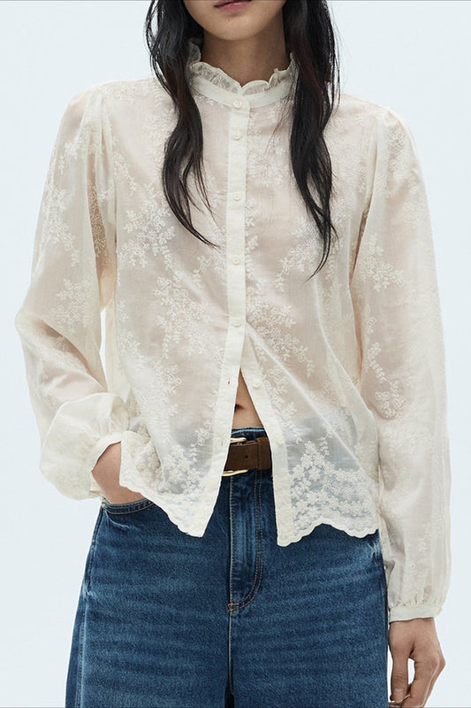 Sheer Tencel Chiffon Embroidered Blouse