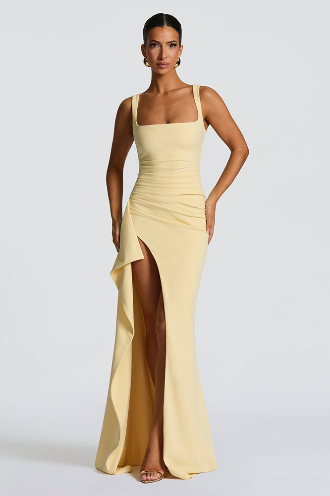 Sexy Spaghetti Strap High Slit Maxi Party Dress S / Yellow