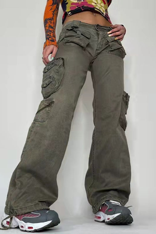 Pantalon cargo en denim multi-poches taille basse style urbain