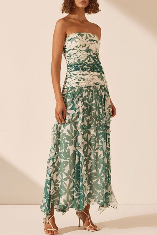 Robe bohème en mousseline imprimée sans bretelles