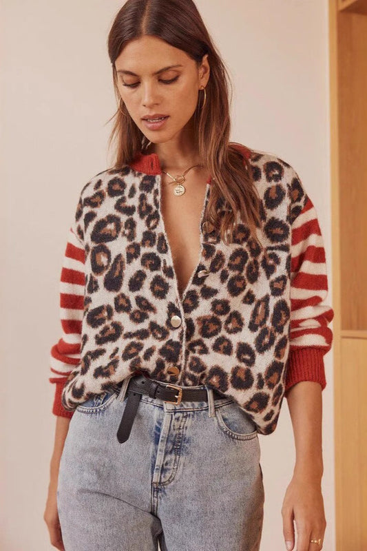 Leopard Print Contrast Cardigan Sweater