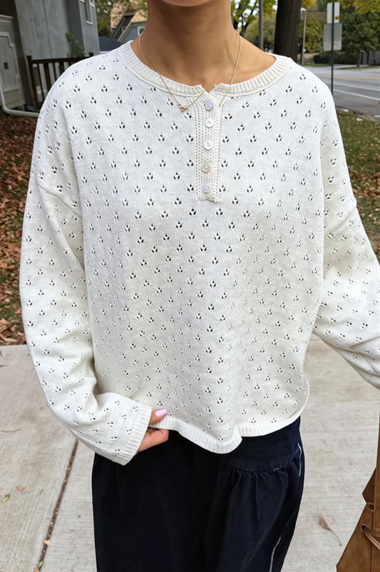 Openwork Balloon Sleeve Floral Sweater