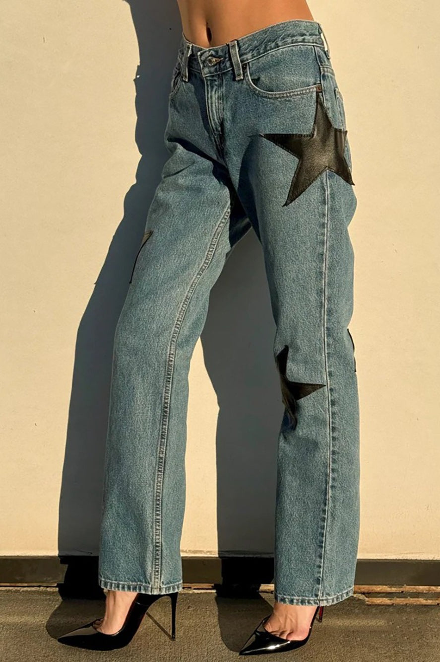 Leather Star Patchwork Straight Leg Jeans