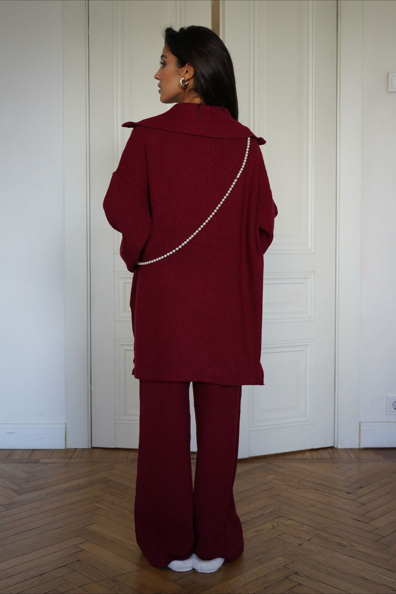 casual Solid Angora Red Half-Zip Knit Two Piece Set