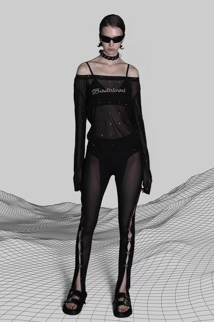 Sexy Rhinestone Embellished Off-the-Shoulder Tulle Blouse