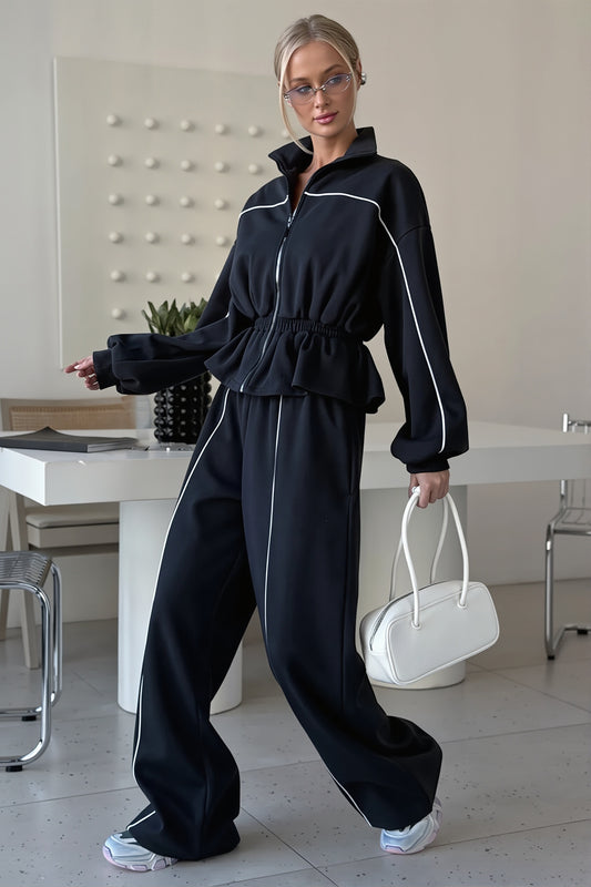 Drawstring Waist Jacket Wide Leg Pants Set