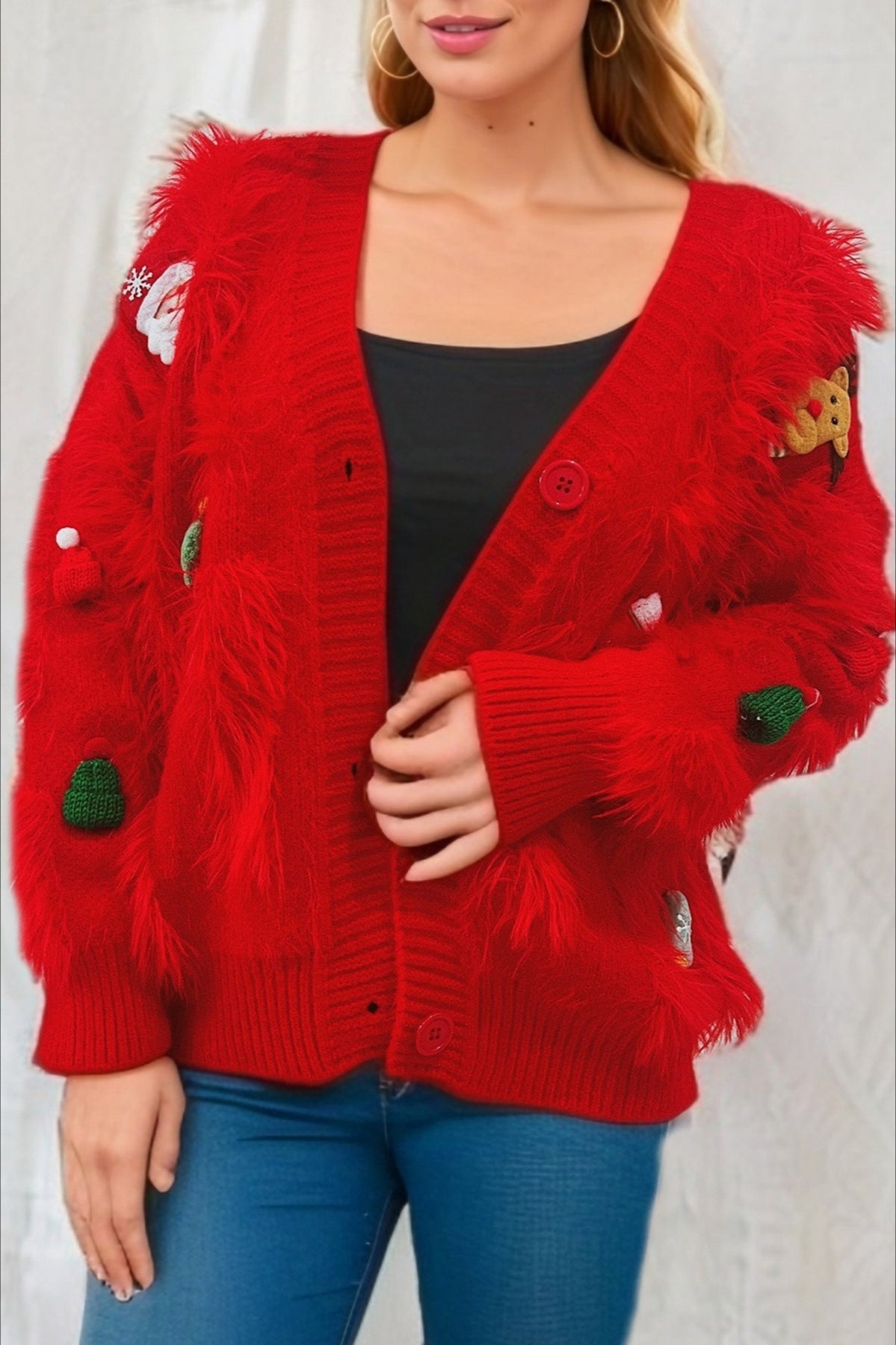 Christmas Mink Fleece 3D Trim Single-Breasted Cardigan Sweater