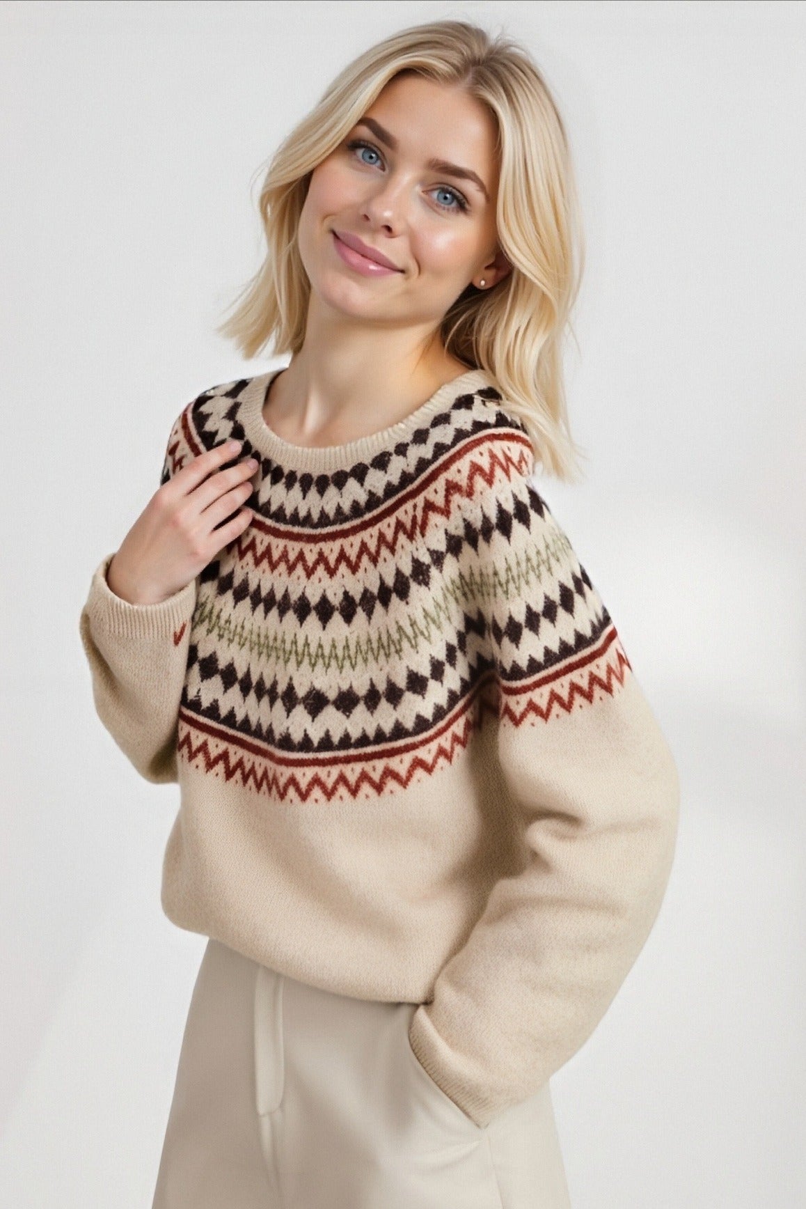 Fair Isle Loose Crewneck Plus Size Knit Sweater