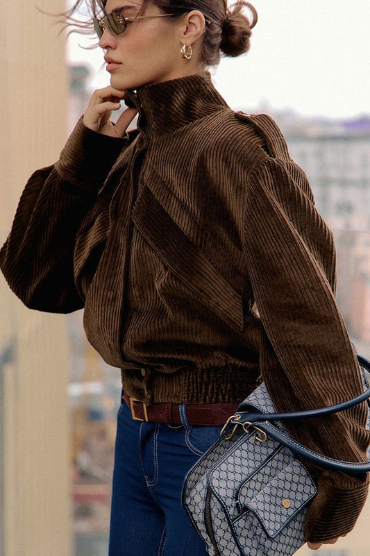 Veste de motard en velours côtelé marron